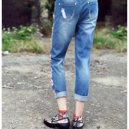Hollow Out Jeans Pants Lady's Loose..
