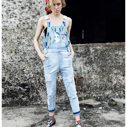 2015 Women Loose Pants Overalls Sequins Hole Jeans..