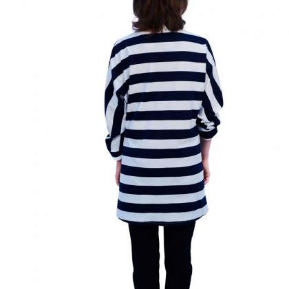 Women Cotton Cardian Coat Loose Navy Blue Stripe..